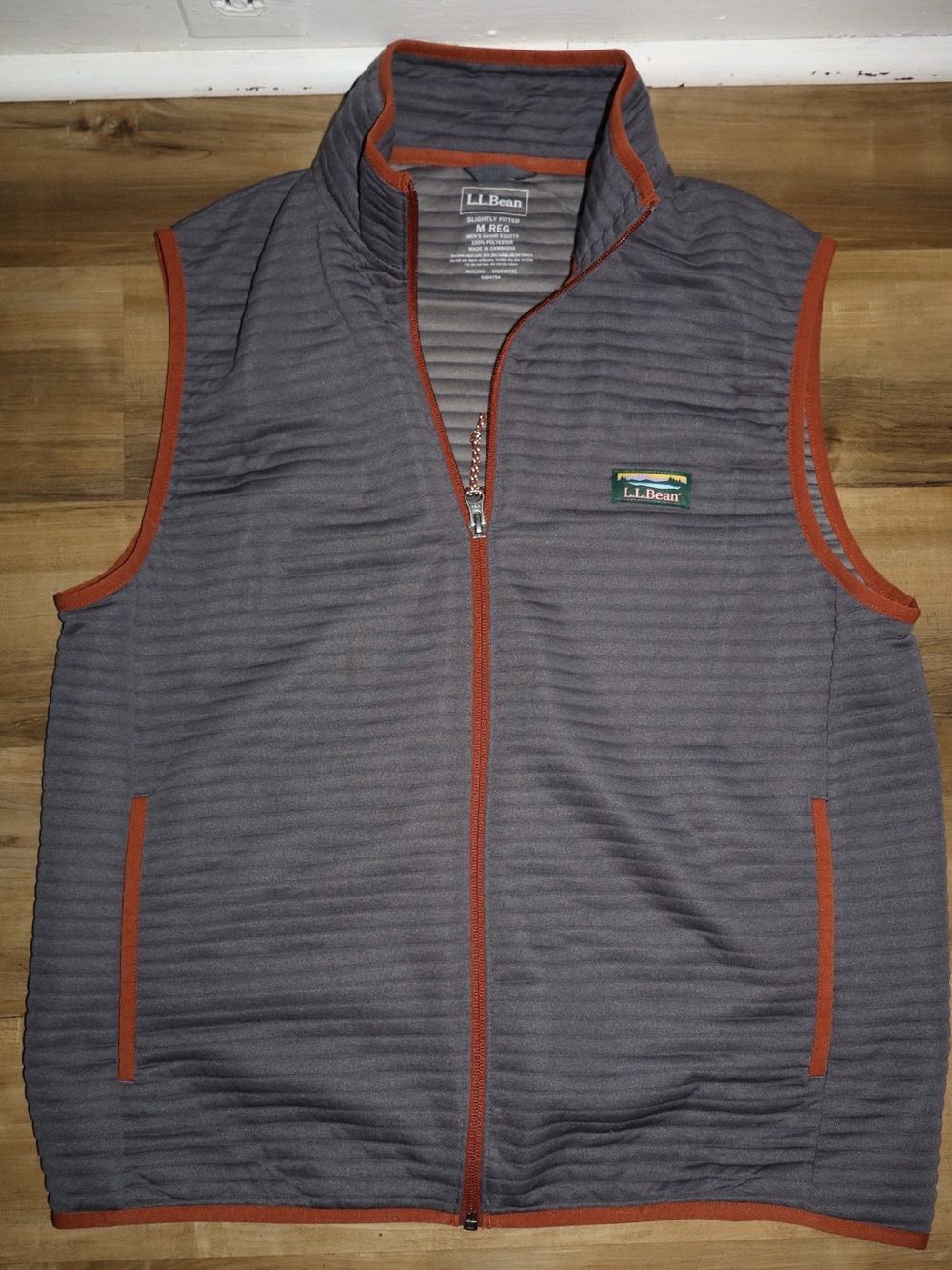 L.L. Bean Gray Quilted Vest with Brick Trim